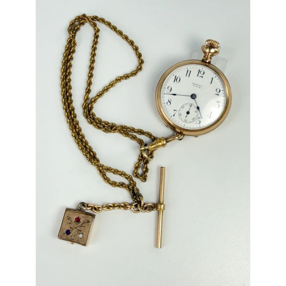 Antique Ideal USA Pocket Watch Gold Filled Chain Fob Running 40.84g